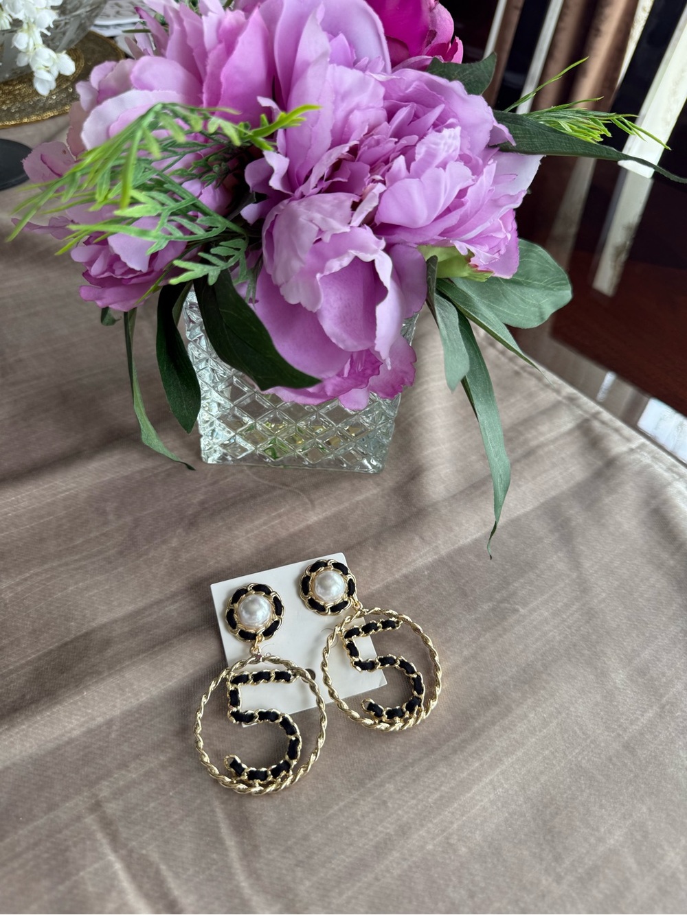Gold-Tone Hoop Drop Earrings with Black Trim and Pearl Accent